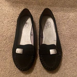 Black with silver buckle flats